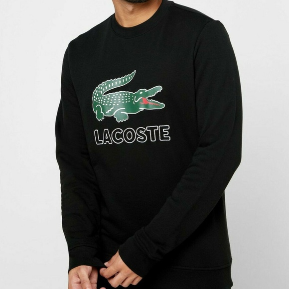 Lacoste Graphic Crocodile Non-Brushed Fleece Sweatshirt Crewneck Black mens L - Picture 1 of 7